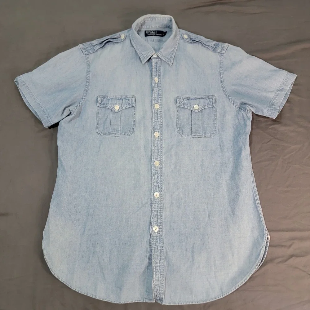Polo Ralph Lauren Denim Shirt Men's Large Blue Short Sleeve Epauletes Lightwash